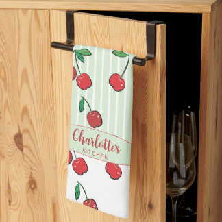 Retro Cherries Red White Green Modern Stripe Kitchen Towel