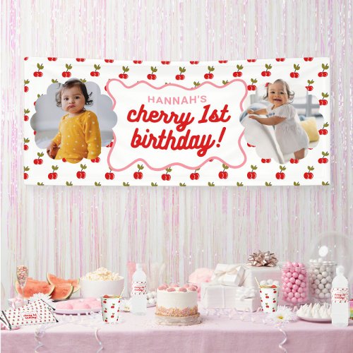 Retro Cherry 1st Birthday Photo Party Banner