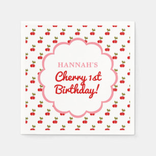 Retro Cherry 1st Birthday Photo Party Napkins