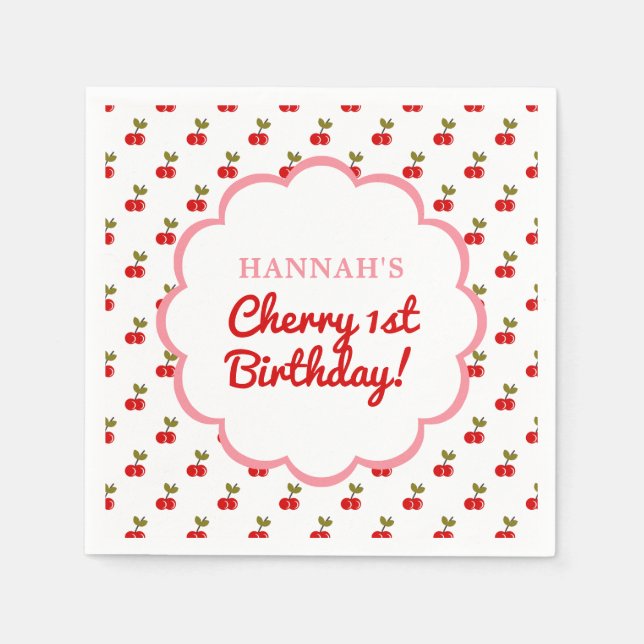 Retro Cherry 1st Birthday Photo Party  Napkins (Front)