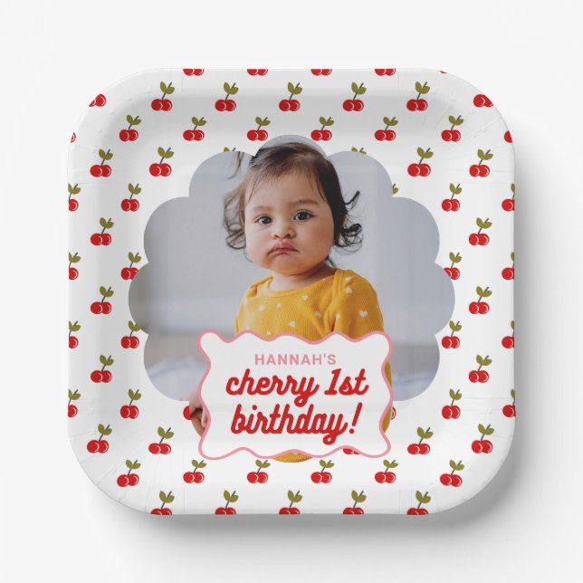 Retro Cherry 1st Birthday Photo Party  Paper Plates (Front)