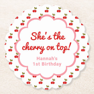 Retro Cherry 1st Birthday Photo Party retro pink Paper Coaster