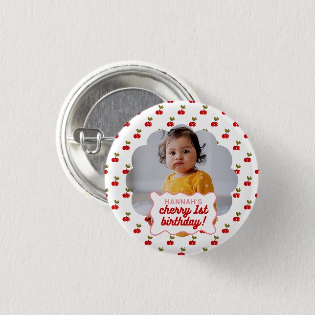 Retro Cherry 1st Birthday Scallop Photo Party  Button (Front & Back)