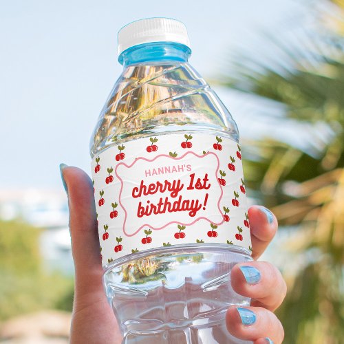 Retro Cherry 1st Birthday  Water Bottle Label