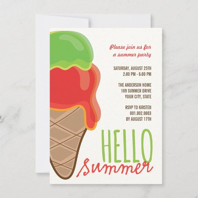 Retro Cherry And Lime Ice Cream Cone Summer Party Invitation (Front)