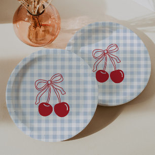Retro Cherry Blue Gingham Birthday Paper Plates