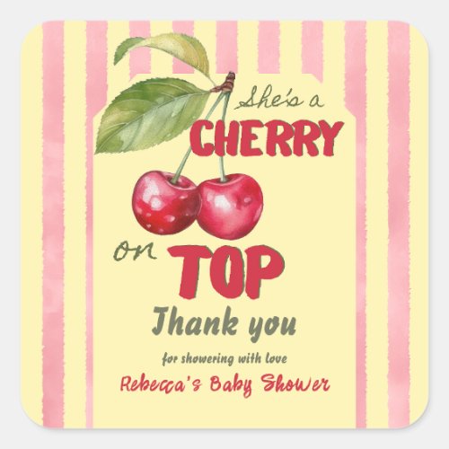 Retro Cherry Cafe Red Yellow Baby Shower Square Sticker