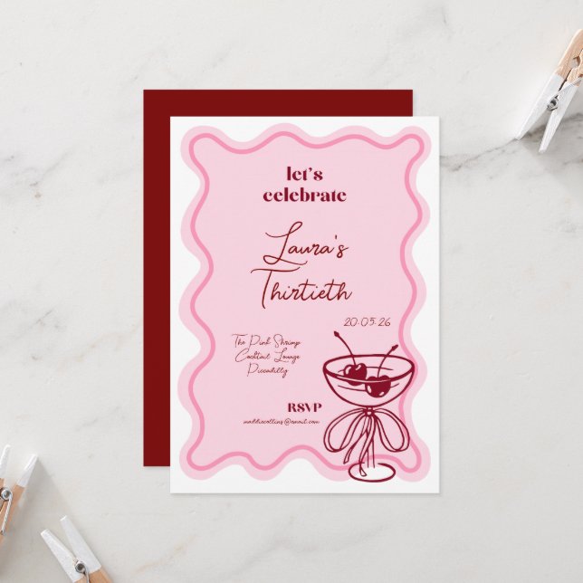 Retro Cherry Cocktail 30th Birthday Invite Bows (Front/Back In Situ)