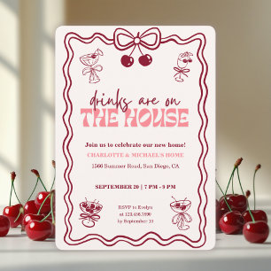 Retro Cherry Cocktail Red Bow Housewarming Party Invitation