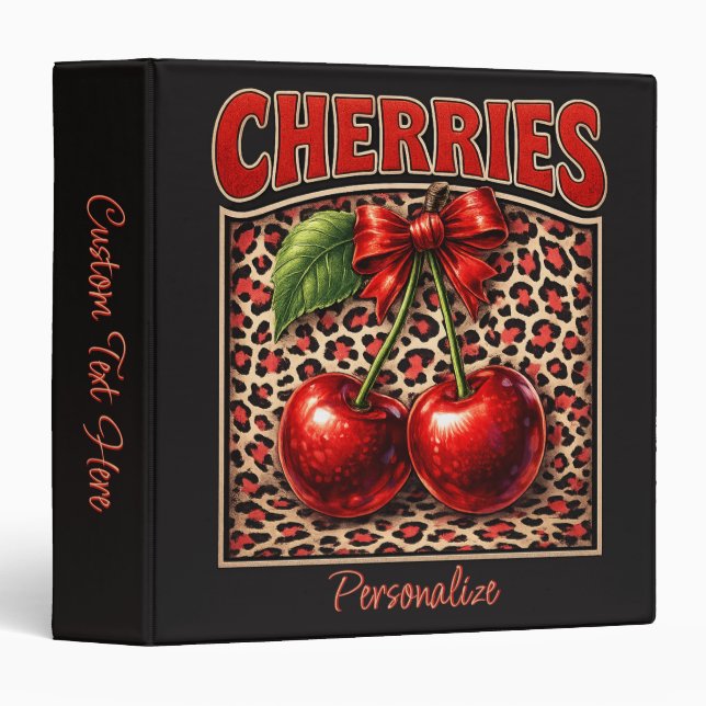 Retro Cherry Coquette Trendy Bow Design on Leopard 3 Ring Binder (Front/Spine)