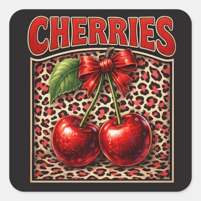 Retro Cherry Coquette Trendy Bow Design on Leopard Square Sticker (Front)