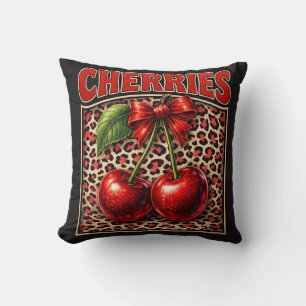 Retro Cherry Coquette Trendy Bow Design on Leopard Throw Pillow