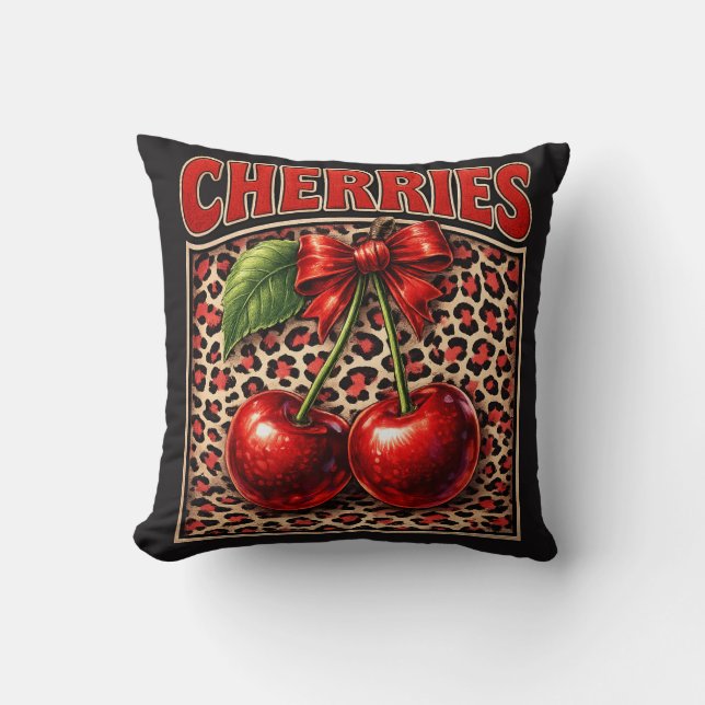 Retro Cherry Coquette Trendy Bow Design on Leopard Throw Pillow (Front)