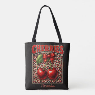 Retro Cherry Coquette Trendy Bow Design on Leopard Tote Bag