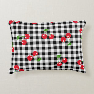 Retro Cherry Gingham Cute Red & Black Checkered Accent Pillow