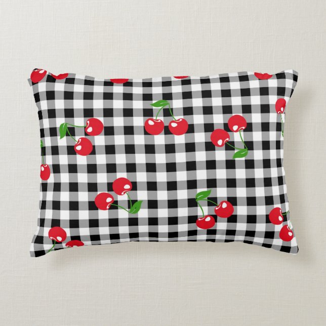 Retro Cherry Gingham Cute Red & Black Checkered  Accent Pillow (Front)