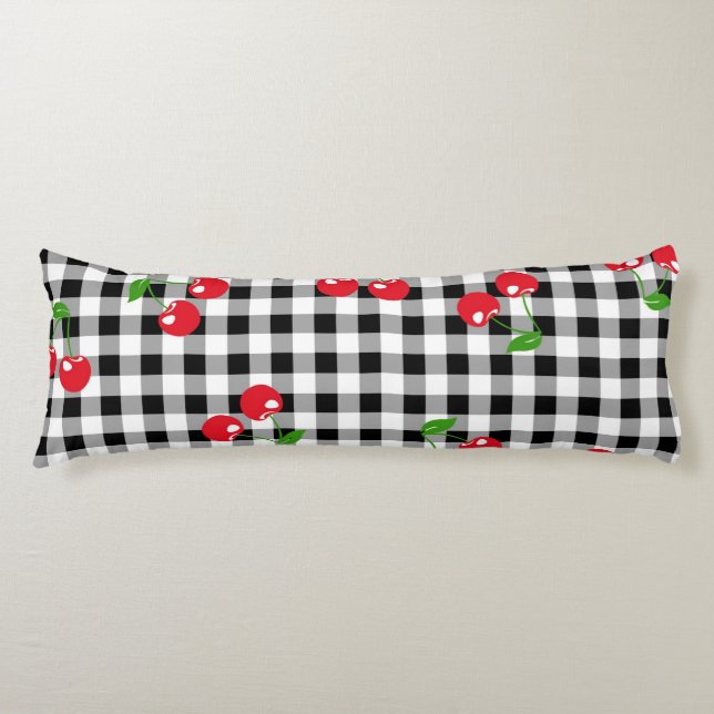 Retro Cherry Gingham Cute Red & Black Checkered  Body Pillow (Front)