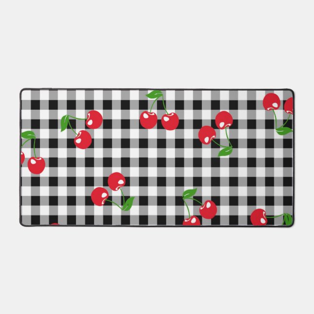 Retro Cherry Gingham Cute Red & Black Checkered  Desk Mat (Front)