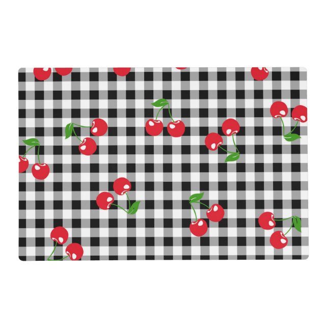Retro Cherry Gingham Cute Red & Black Checkered  Placemat (Front)