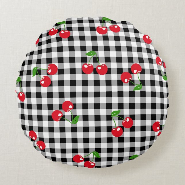 Retro Cherry Gingham Cute Red & Black Checkered  Round Pillow (Front)