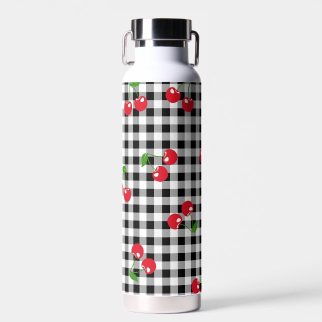 Retro Cherry Gingham Cute Red & Black Checkered  Water Bottle (Front)