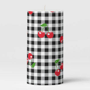 Retro Cherry Gingham Cute Red & Black White Pillar Candle
