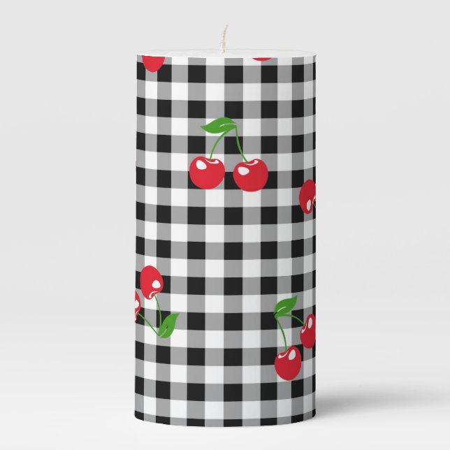 Retro Cherry Gingham Cute Red & Black White Pillar Candle (Front)