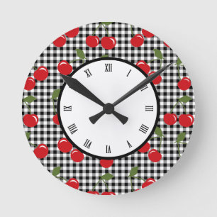 Retro Cherry Gingham Round Clock