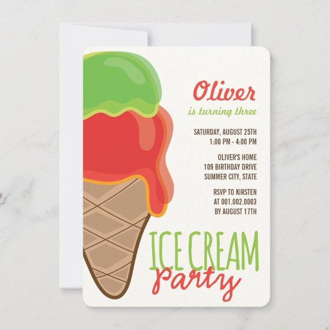 Retro Cherry & Lime Ice Cream Cone Boy's Birthday Invitation (Front)