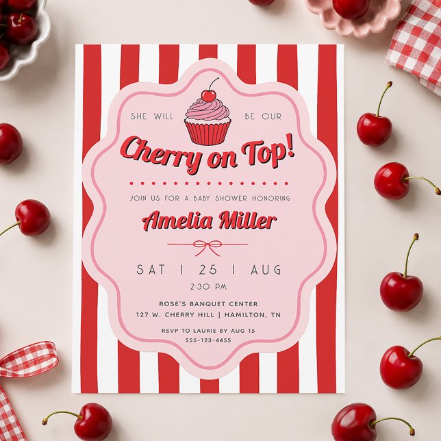 Retro Cherry on Top Baby Shower Striped Invitation (Retro Cherry on Top Baby Shower Striped Invitation)