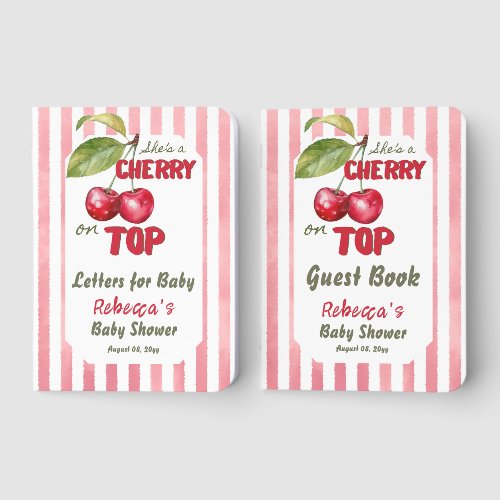 Retro Cherry on Top Pink Stripe Baby Shower Guest Foil Vow Books