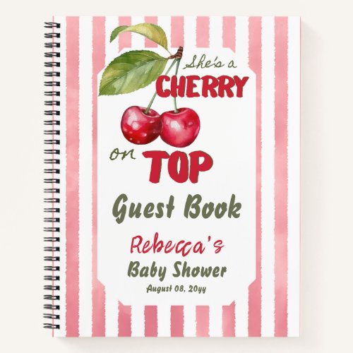 Retro Cherry on Top Pink Stripe Baby Shower Guest Notebook