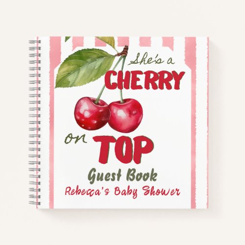 Retro Cherry on Top Pink Stripe Baby Shower Guest Notebook