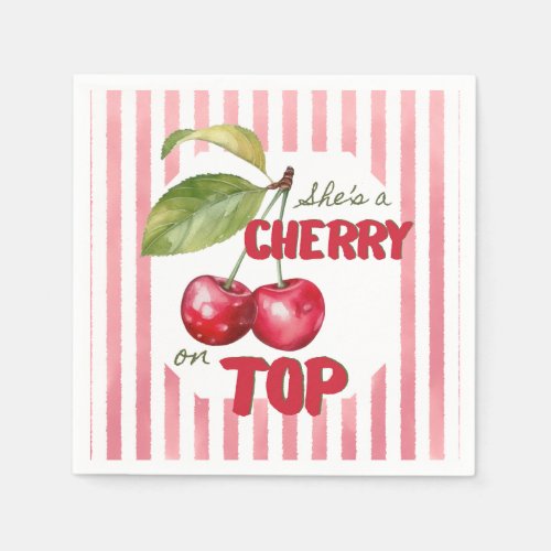 Retro Cherry on Top Pink Stripe Baby Shower Napkins
