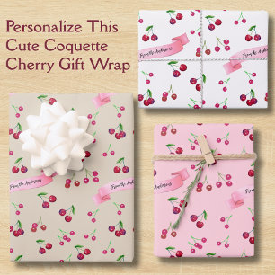 Retro Cherry Pattern Cute Coquette Sweet Treats Wrapping Paper Sheets