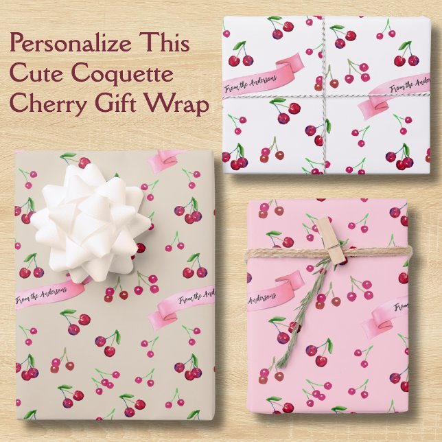 Retro Cherry Pattern Cute Coquette Sweet Treats Wrapping Paper Sheets (This cherry gift wrap features personalization in retro script with my hand-painted cherries art.)