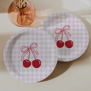 Retro Cherry Pink Gingham Birthday Paper Plates