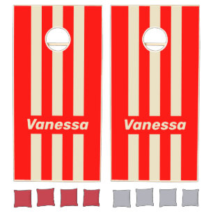 Retro Cherry Three Pin Striped with Name Cornhole Set