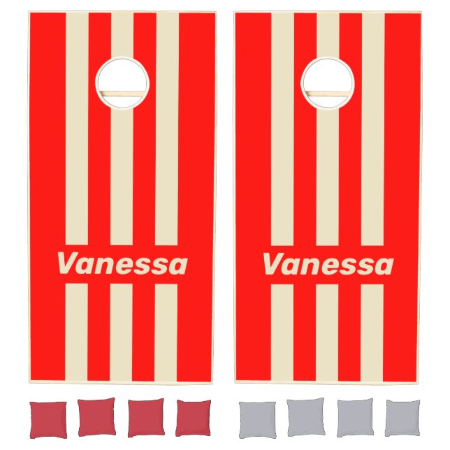 Retro Cherry Three Pin Striped with Name Cornhole Set (Set)