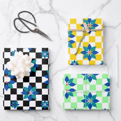 Retro Chess Checker Pattern blue flowers Wrapping Paper Sheets