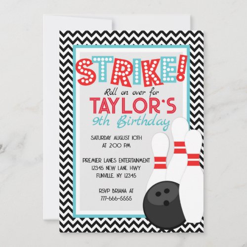 Retro Chevron Bowling Birthday Invitations