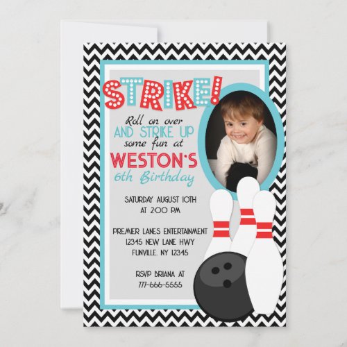 Retro Chevron Bowling Birthday Photo Invitations