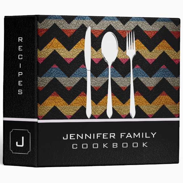 Retro Chevron Family Cooking Leather Look #7 3 Ring Binder (Front/Spine)
