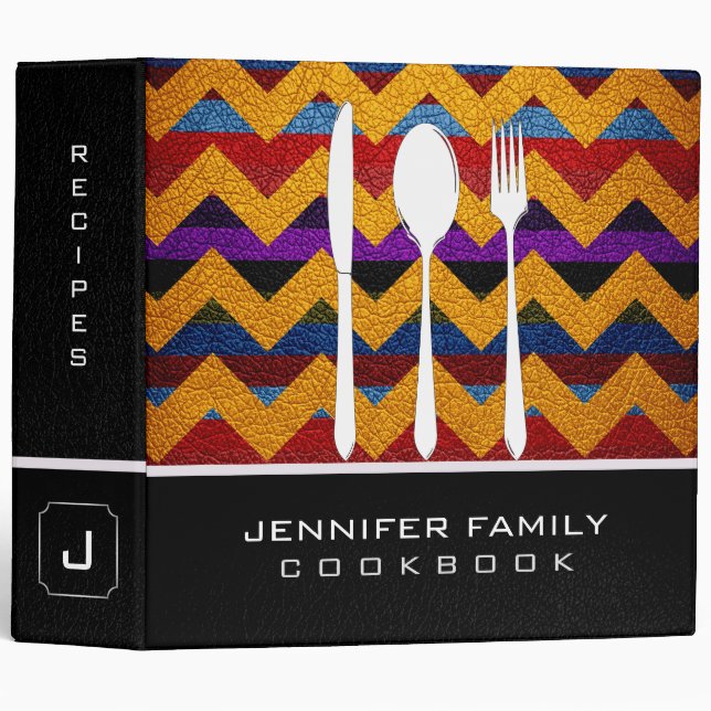 Retro Chevron Family Cooking Leather Look #8 3 Ring Binder (Front/Spine)