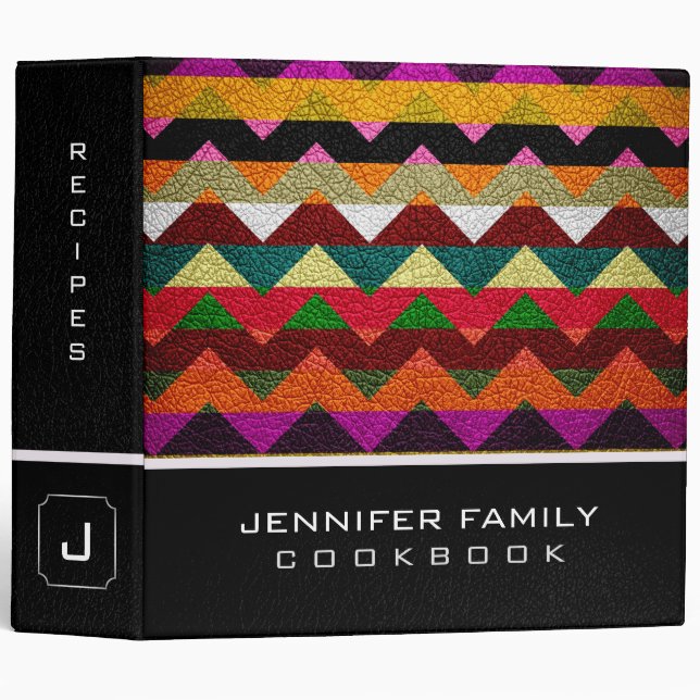 Retro Chevron Family Recipes Leather Look #12 Binder (Front/Spine)