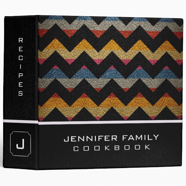 Retro Chevron Family Recipes Leather Look #7 Binder (Front/Spine)