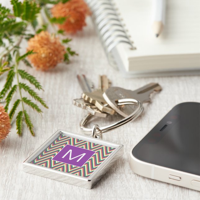 Retro Chevron Pattern Cool Monogram Keychain (Side)