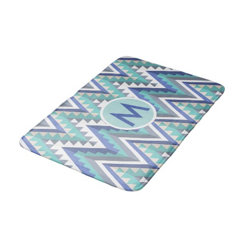 Retro Chevron Teal Blue Taupe White Monogrammed Bath Mat