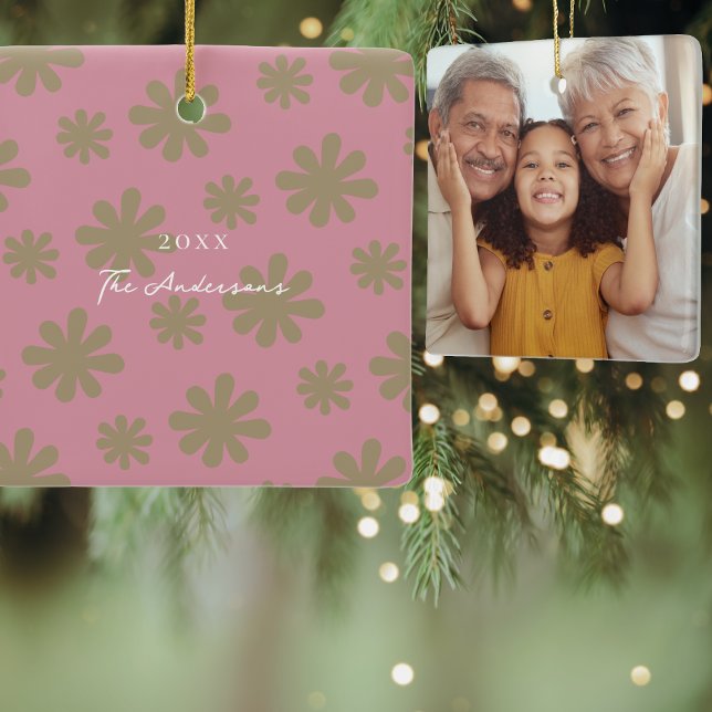 Retro Chic 70s Pink and Gold Floral Family Photo Ceramic Ornament (Creator Uploaded)