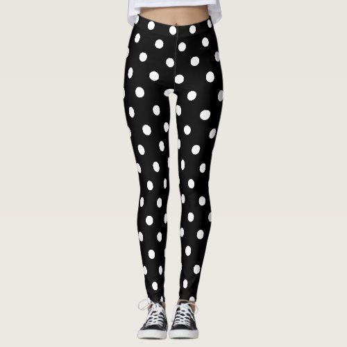 Retro Chic Black White Polka Dots Pattern Fashion Leggings
